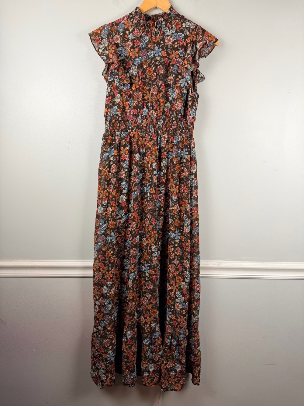 New Baltic Born Kearny Ruffle Maxi Dress size large in brown multi floral - Picture 3 of 10